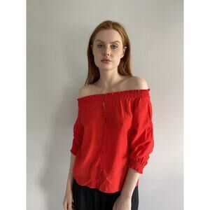 Maje Button Up Off The Shoulder Top Women's Size 1/S Red Smocked Summer Boho